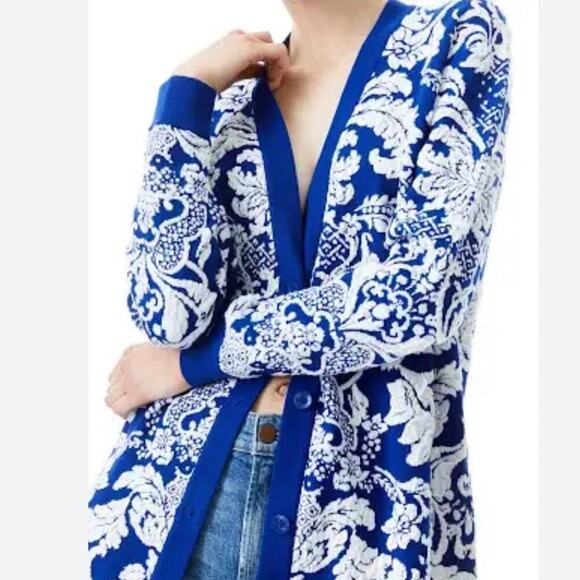 Alice + Olivia Bradford Paisley Grandpa Cardigan Blue White Size Large Sweater - Picture 3 of 14